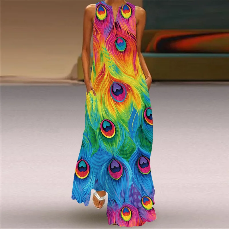 MOVOKAKA Spring Summer Print Long Dress Women Beach Holiday Casual Fashion Elegant Dresses Party Sleeveless V Neck Maxi Dresses