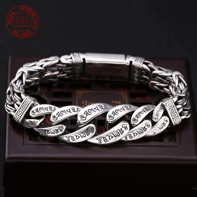 

High Quality 100% S925 Sterling Silver Personality Men's Vintage Six Words of Truth Bracelet Retro Smooth Chain Jewelry