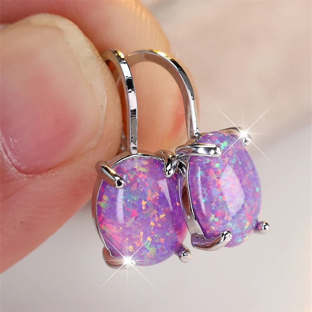 White Blue Purple Pink Opal Oval Stone Hoop Earrings For Women Rose Gold Silver Color Ear Buckle Wedding Jewelry Engagement Gift