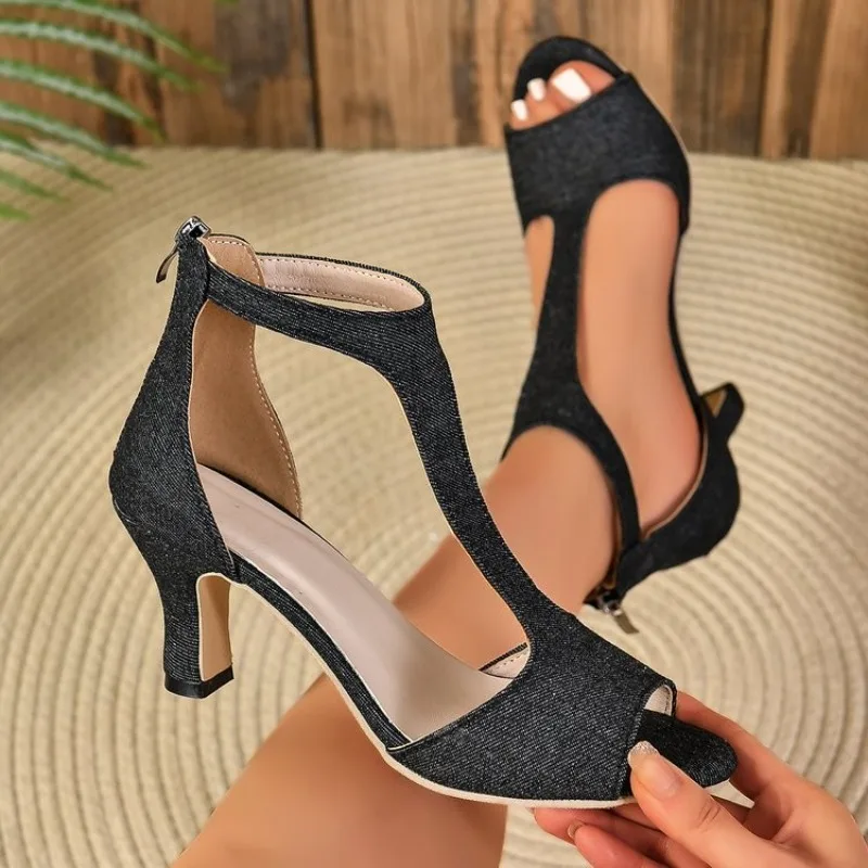 New Trend Women Denim Rome Sandals High Heels Sexy Women Summer Designer Party Shoes Dress Open Toe Slippers  Brand Slides Femme