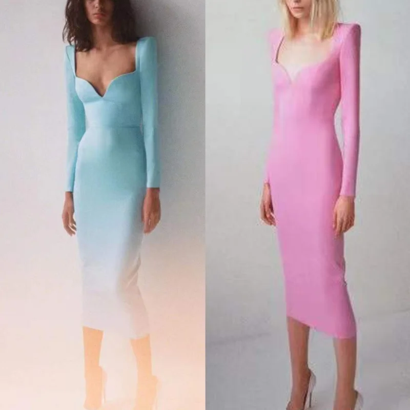 

2023 New Spring Summer Top Quality Black Purple Blue Color Sexy Heart Collar Woman Midi Dress for Party