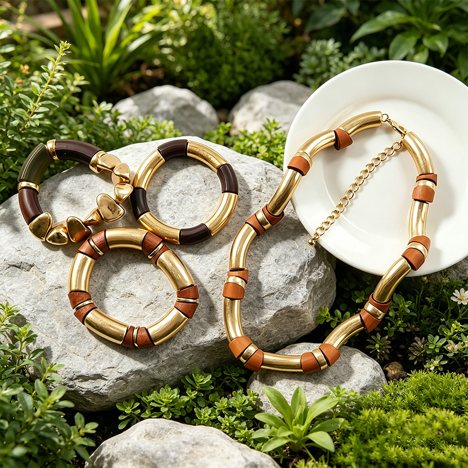 Earthy Tone Curved Tube Jewelry Set Gold Tone Necklace And Stackable Bracelets Statement Jewelry For Womens Everyday And Casual