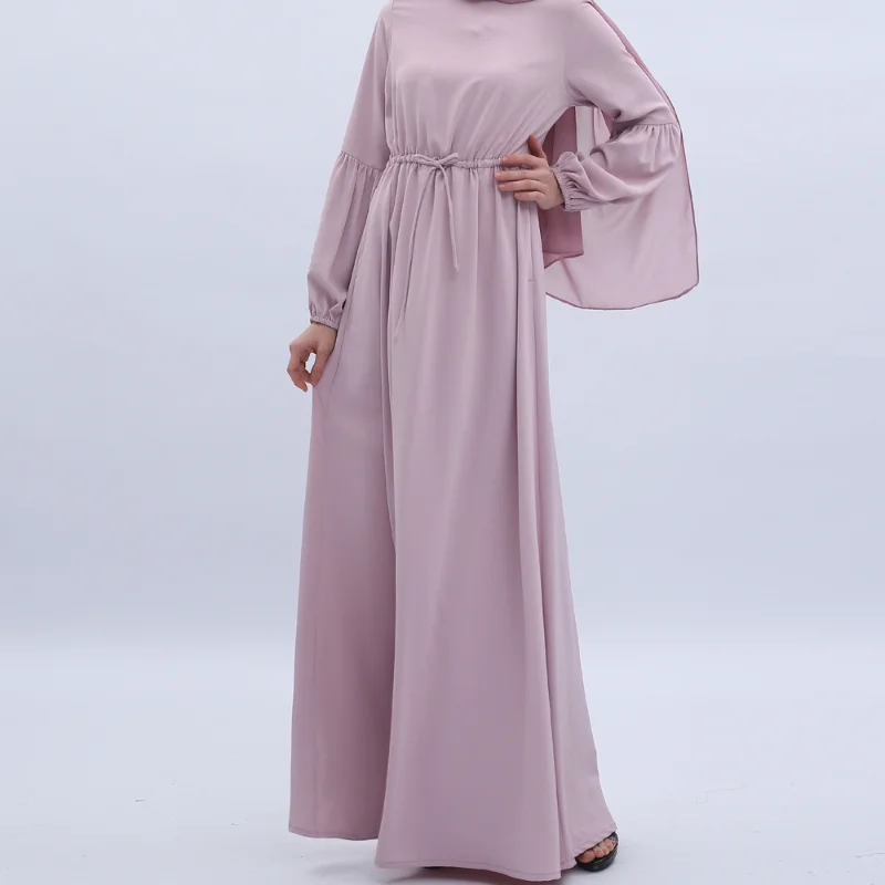 Muslim Abayat Dress for Women, Monochromatic, Lantern Sleeves, Elastic Cuff, Elegant Robe, Slim and Elegant, Europe and America