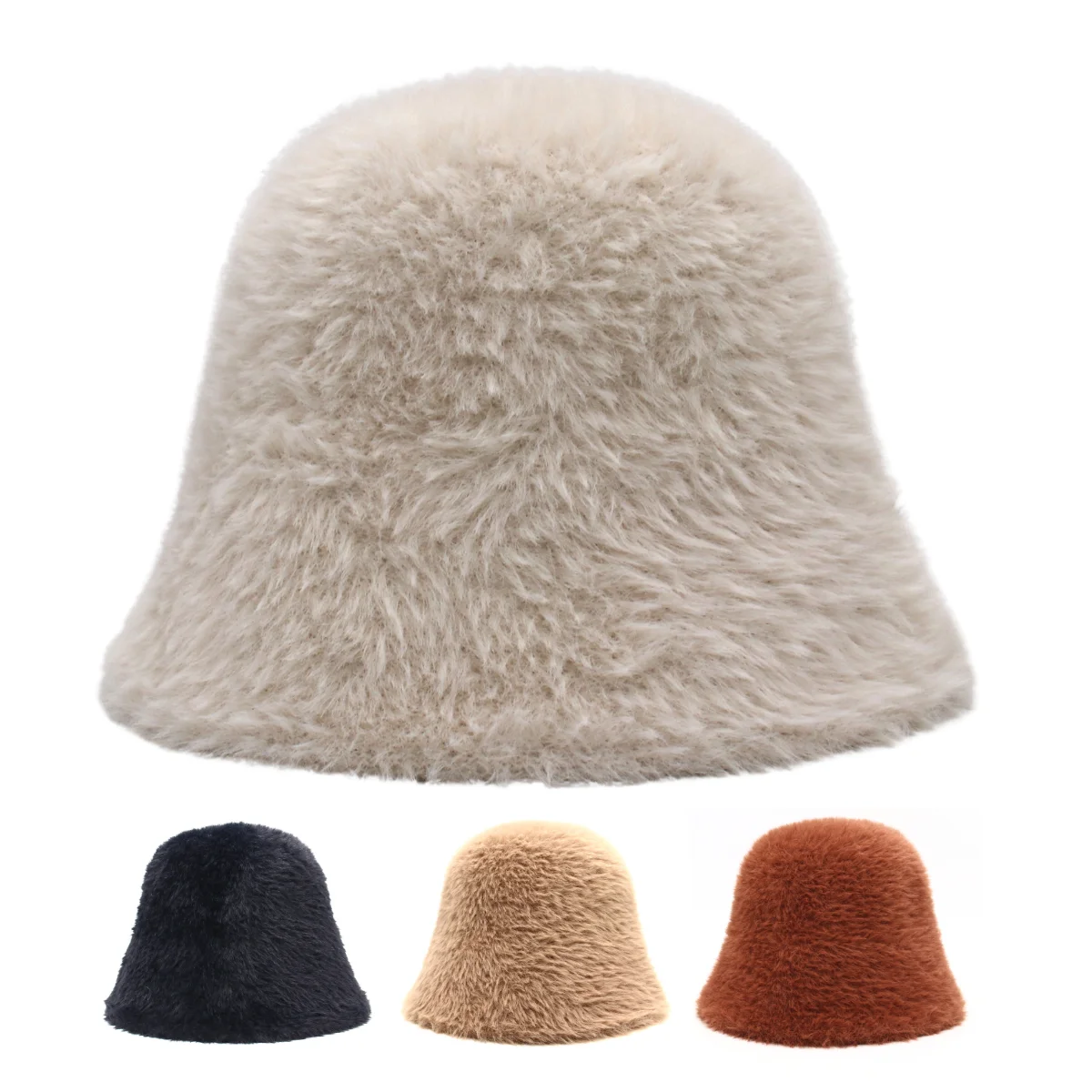 

New Winter Autumn Warm Bucket Hat For Women Thickened Plush Beanies Artificial Rabbit Fur Fisherman Hats Outdoor Soft Basin Hat