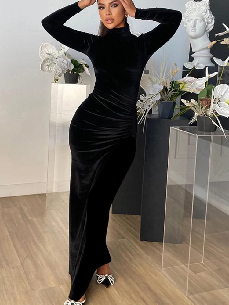 Autumn Velvet Maxi Dress Women Sexy Bodycon Dress Elegant Slim Long Sleeve  Ruched Dress Fashion Solid Party Evening Long Dress| | - AliExpress