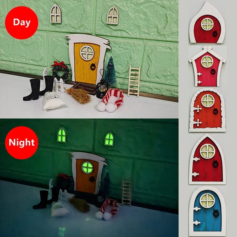 Doll House Elf Door Set Christmas Decor Fake Light String Hat Wreath Mini Tree Gift Boxes Fairy Toy House Miniature Scene Model 3