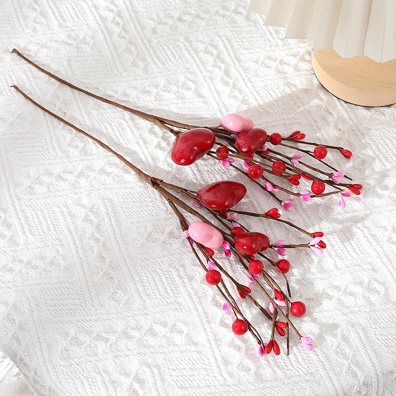 1/3pcs Valentines Day Gift Artificial Heart Shaped Berry Picks Flower Stem Branches Wedding Party Home Table Decoration Supplies