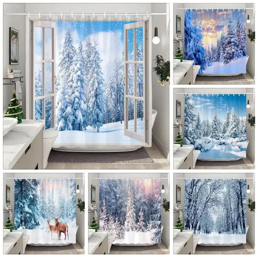 

Занавеска для душа с зимним лесом и снегом, рождественская елка, новогодний подарок, Полиэстеровая ткань, моющаяся занавеска для ванной комнаты, декор для ванной комнаты