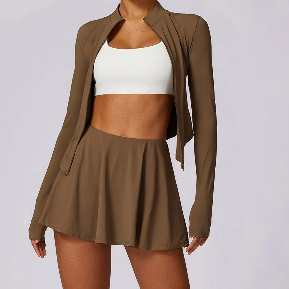 Women's 2-Piece Athletic Yoga Set - Zipper Long Sleeve Top & Sporty Short Skirt