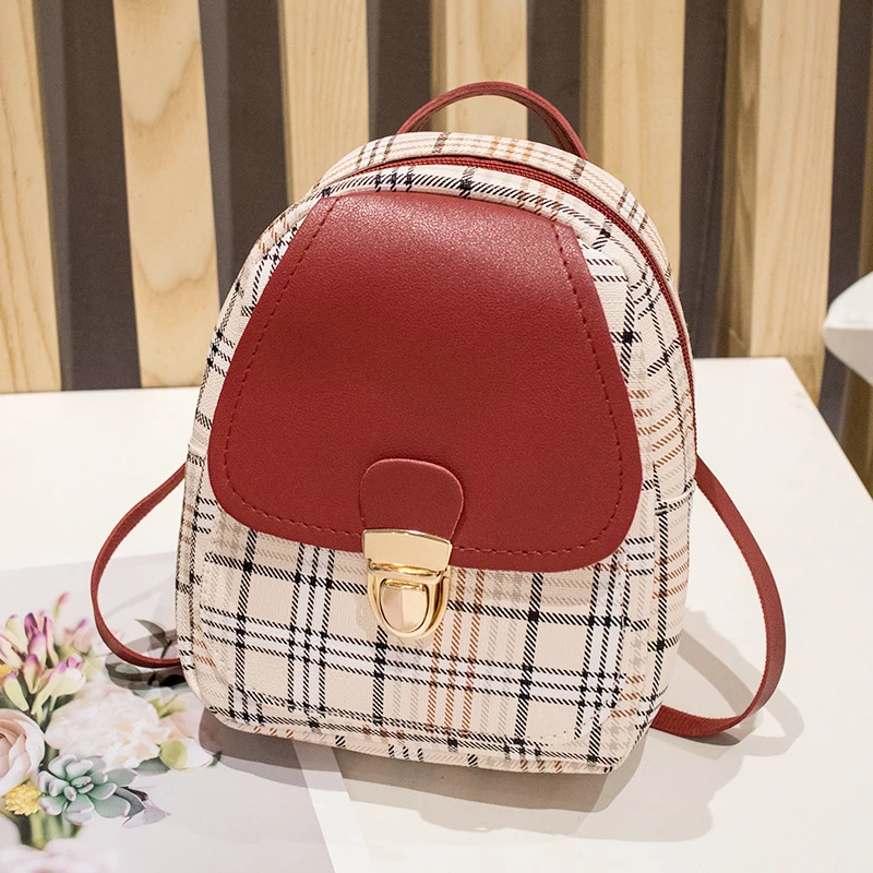 Ladies Mini Shoulder Bag Korean Style Ladies Plaid Color Matching Personality Small Backpack Fashion Lock Messenger Bag