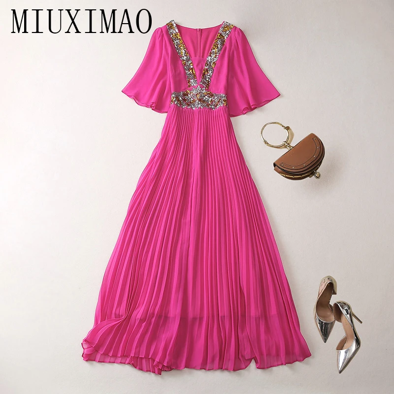 

MIUXIMAO 2023 High Quality Spring&Summer Elegant Dress Short Sleeve V-Neck Chiffon Sequine Fold Fashion Long Dress Women Vestide