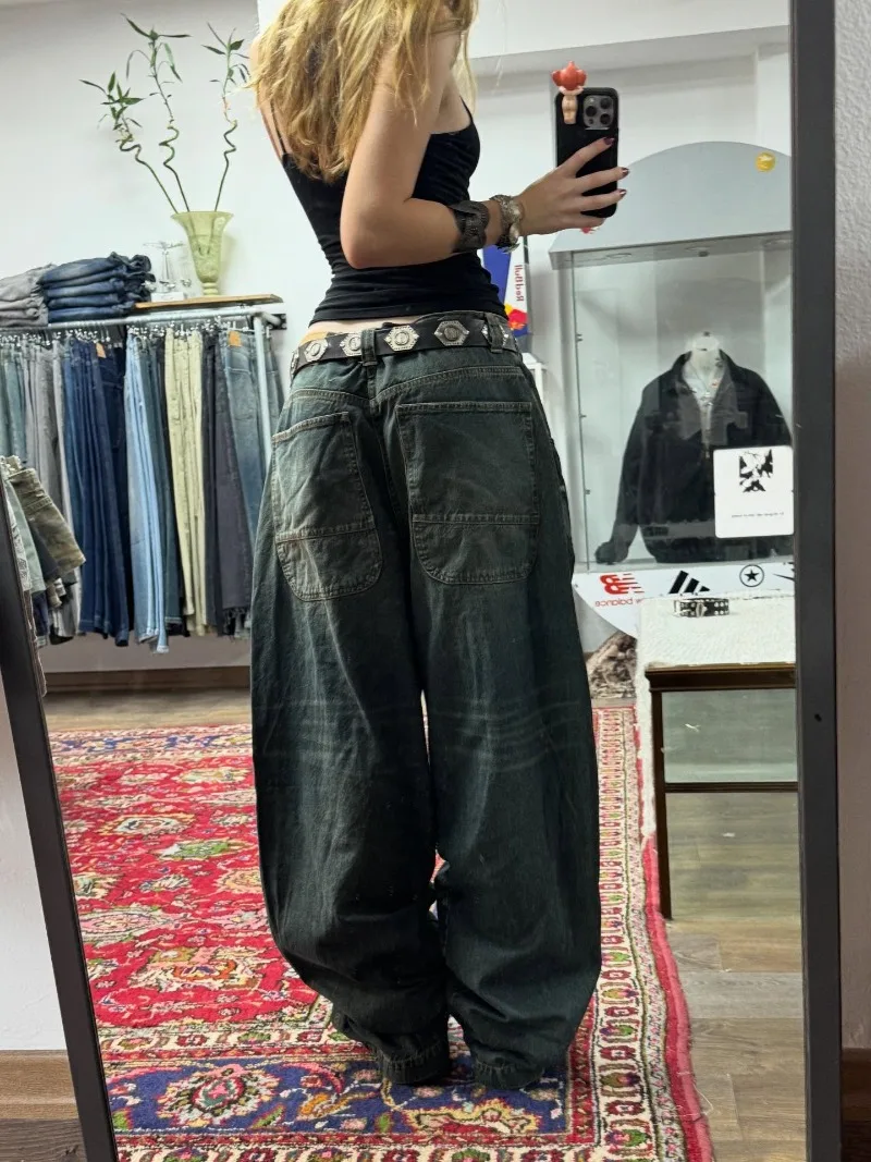 2025 American New Fashion Solid Color Black Big Pocket Baggy Jeans Ladies Y2K Hip Hop Pop High Waist Wide Leg Straight Trousers 1