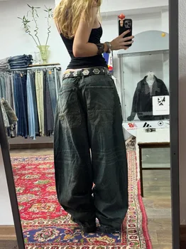 2025 American New Fashion Solid Color Black Big Pocket Baggy Jeans Ladies Y2K Hip Hop Pop High Waist Wide Leg Straight Trousers 1
