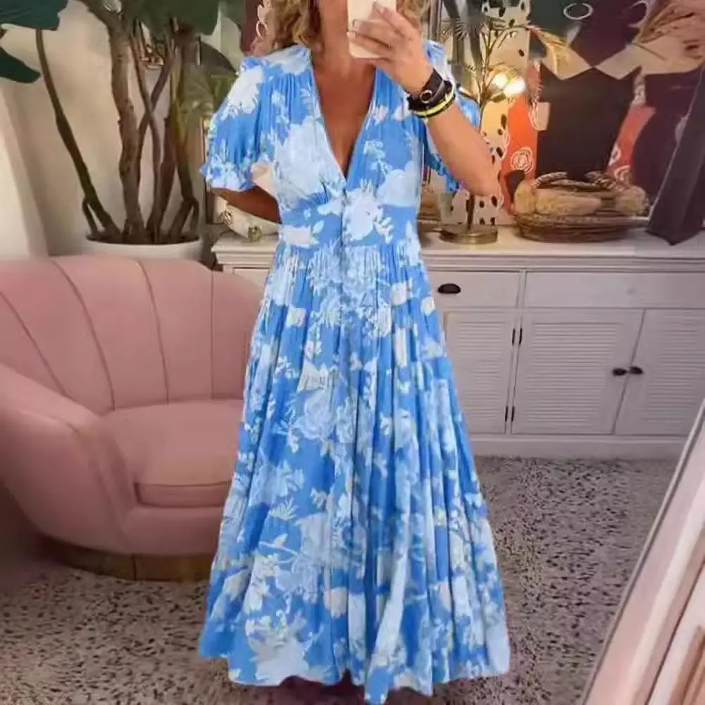 

Women V-neck Maxi Dress Floral Print Bohemian Style Maxi Dress A-line Swing for Summer Beach Vacation V Neck Short