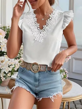 Elegant women's blouse with lace, sleeveless, summer tunic, office-appropriate, V-neck blouse 1