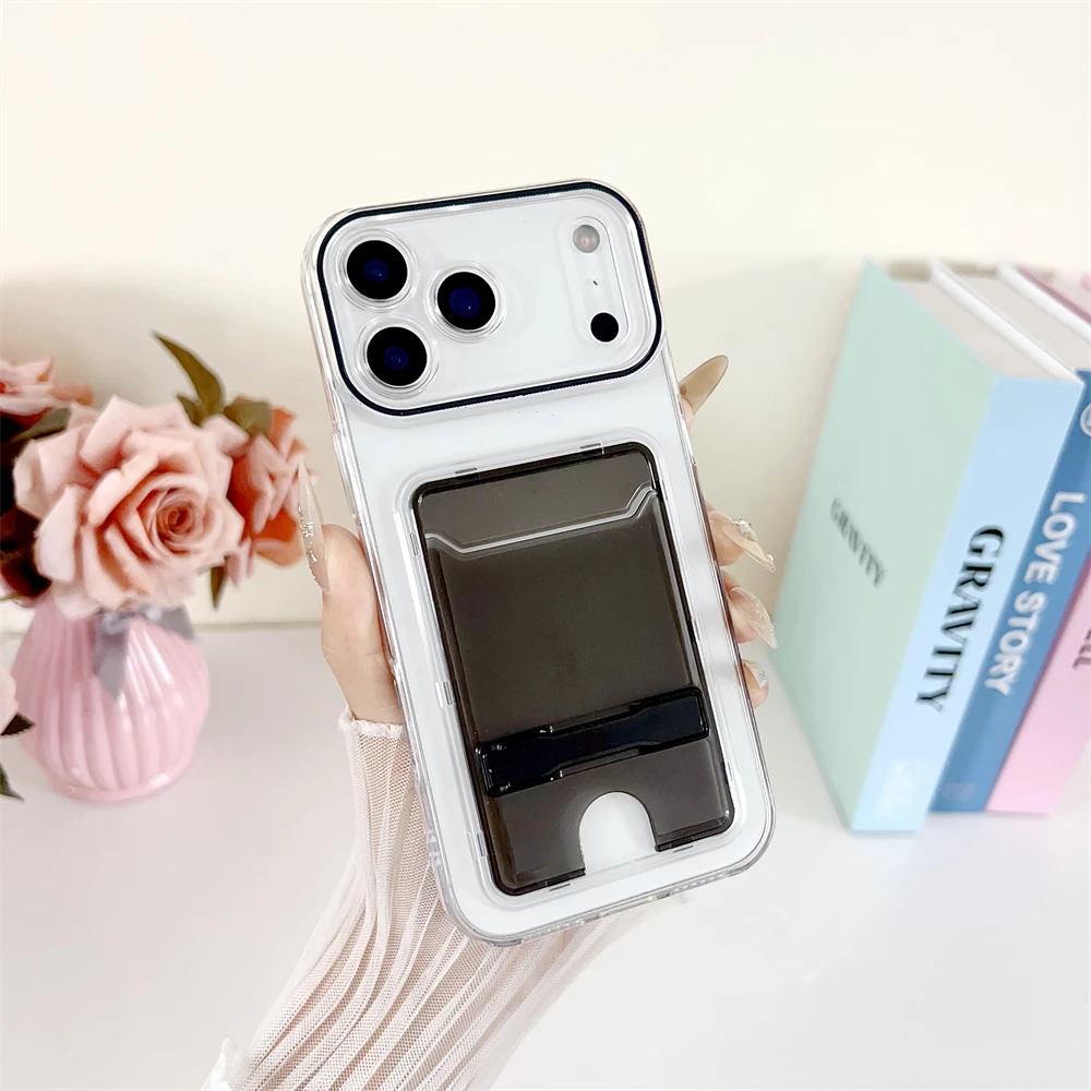 Transparent Candy Color Card Holder Wallet Case with Folding Stand and Slot Bracket