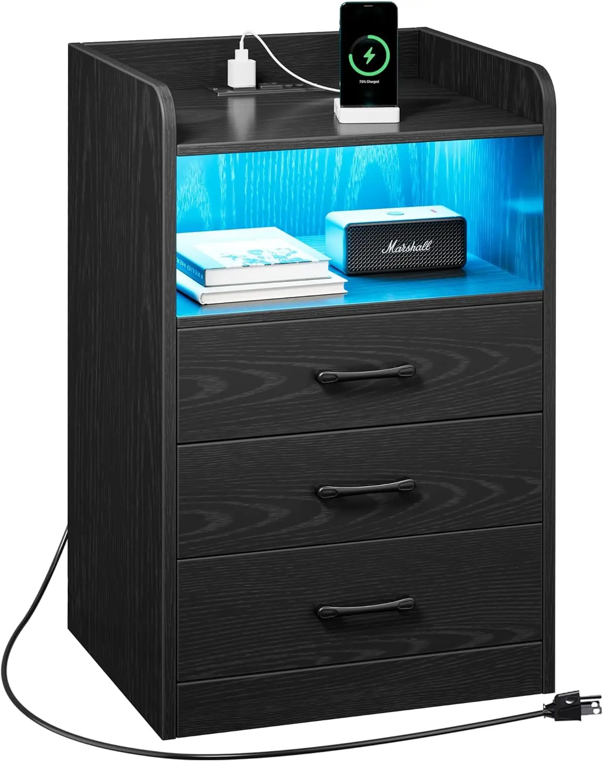 

Nightstand with Charging Station and LED Light Strips, Night Stand with Drawers, End Table with USB Ports and Outlets, Bedside