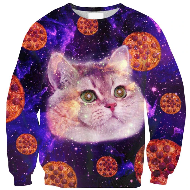 Funny Animal Cat Sweatshirt For Men 3D Printed Sloth Pizza Hoodies Loose Long Sleeves Round Neck Tops Kids Pullover Hoodie