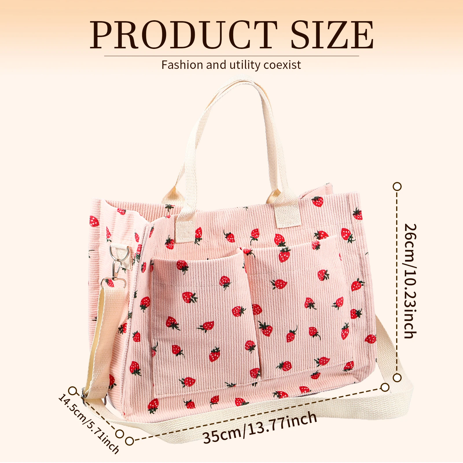 Tote Bag Cute Strawberry Patched Purse for Women Fabric Large Capacity Tote Purse Enduring Tote Bag with Adjustable Shoulder 4