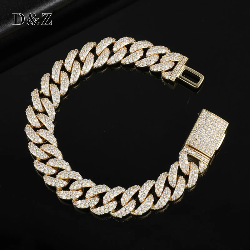 

D&Z New 12mm 2Rows Cuban Link Bracelet Brass Material Iced Out AAA Cubic Zircon Stones Bangle With Box Buckle Hip Hop Jewelry