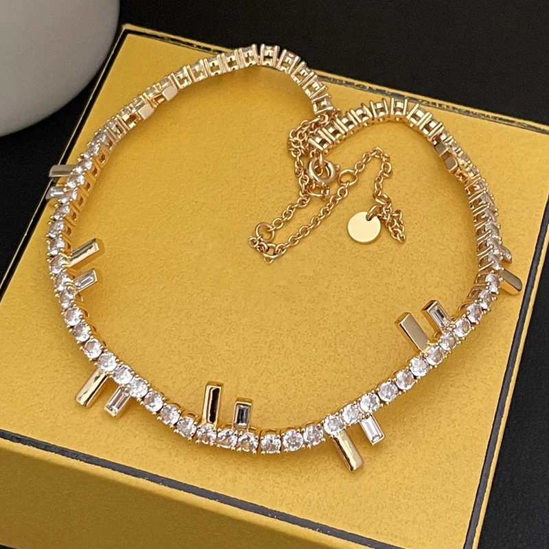 

Fashion Top Quality Crystal 5A Zircon Letter F Necklace Bracelet Luxury Jewelry Set Woman Hot Designer Brand Party Runway Trends