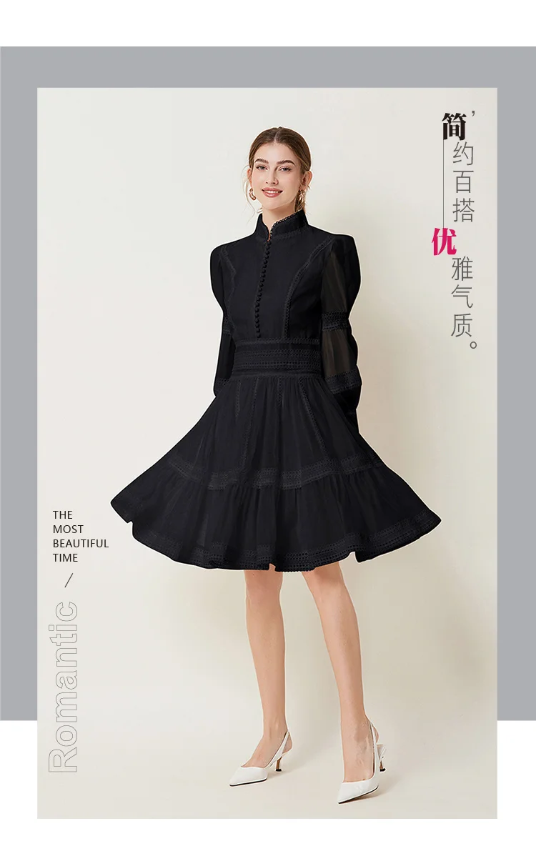 2024 French Elegant Lace Splicing Waist Lantern Sleeve Dress Vintage High Collar Princess Dress Organza Cocktail Women's Wear