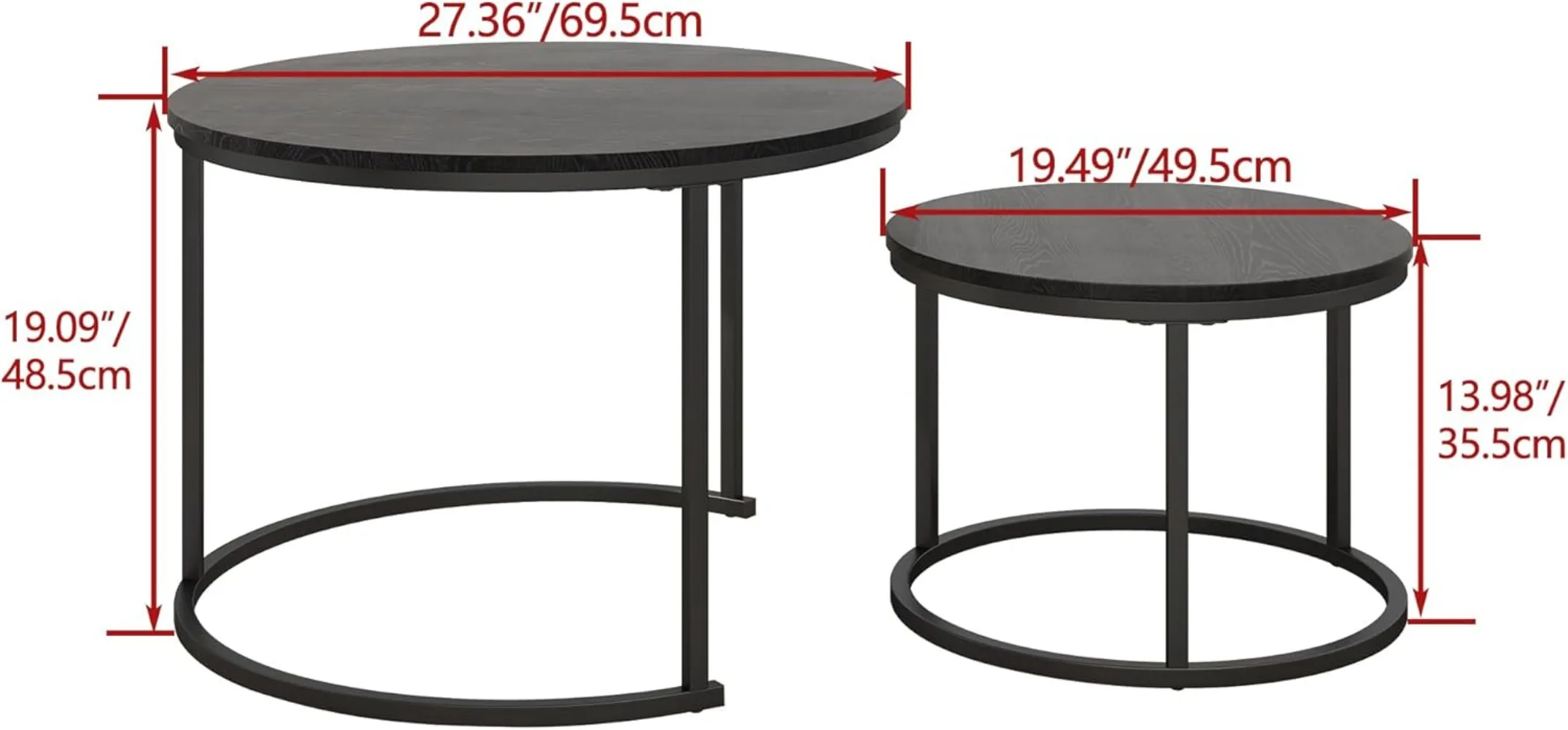 Round Coffee Tables Set of 2 End Table,Coffee Nesting Tables,Living Room Table Wooden Accent Metal Frame,Easy Assembly 2