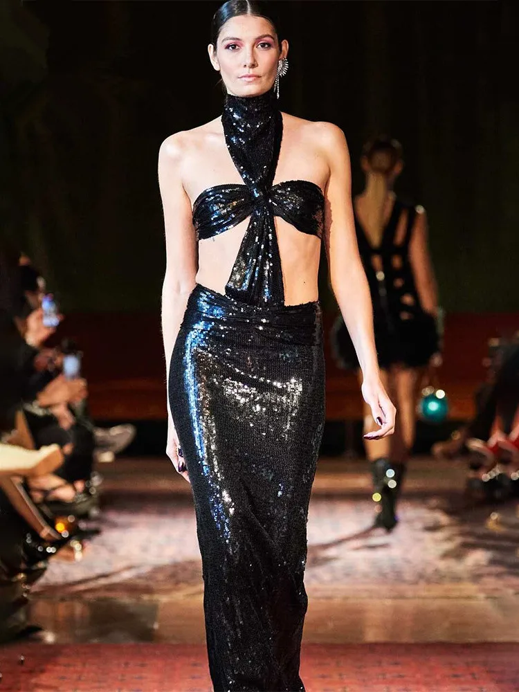 

2023 Designer Fashion For Women Sexy Black Halter Bustier Backless Sequined Glitter Maxi Long Dress Night Club Evening Gowns