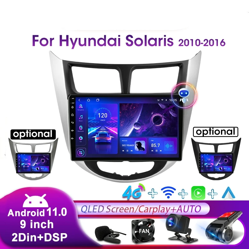 

Автомагнитола 2DIN для Hyundai Solaris Accent i25 2010-2016 Android 11, мультимедийный видеоплеер, навигация GPS Carplay