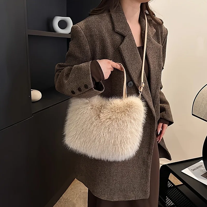 Chic Faux Fur Handbag with Detachable Strap Casual & Formal Occasions Women's Tote Bag, Stylish Fur Plush Shoulder Crossbody Bag