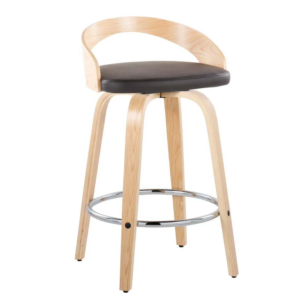 Grotto 26" Contemporary Fixed-Height Counter Stool with Swivel in Natural Wood and Brown Faux Leather with Round Chrome Metal Fo 2