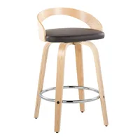 Grotto 26" Contemporary Fixed-Height Counter Stool with Swivel in Natural Wood and Brown Faux Leather with Round Chrome Metal Fo 2