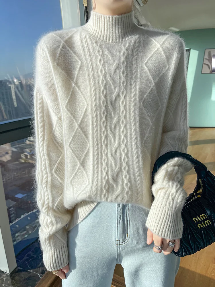 New Fashion Women Twist Argyle Pullover Sweater 100% Merino Wool Mock Neck Thick Warm Autumn Winter Cashmere Knitwear Korean Top