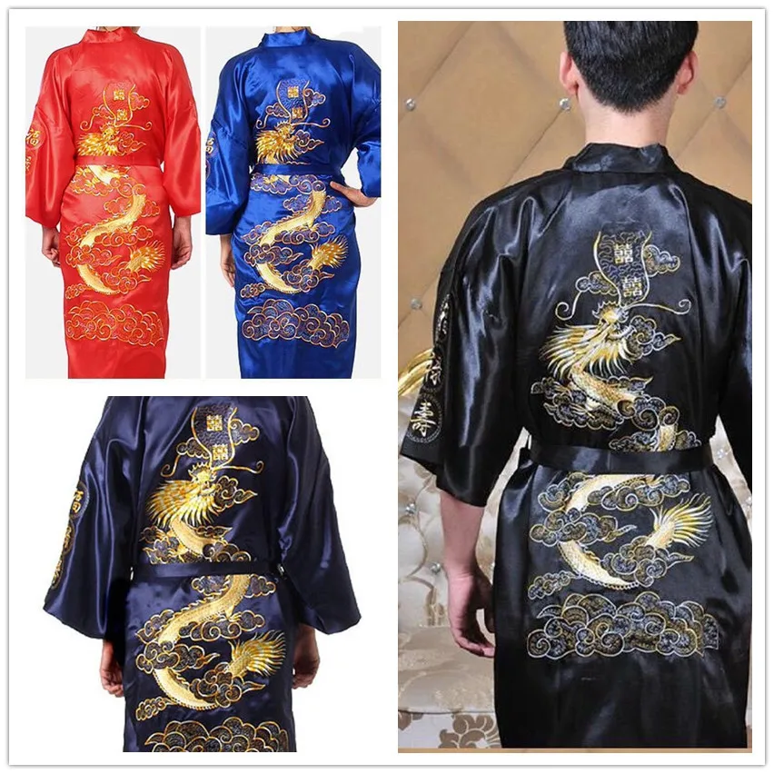 Men Robe V Neck Kimono Sleepwear Nightgown Embroidered Dragon Robe Cardigan Bathrobe Home Clothes Lounge Loose Sleep Dress images - 6