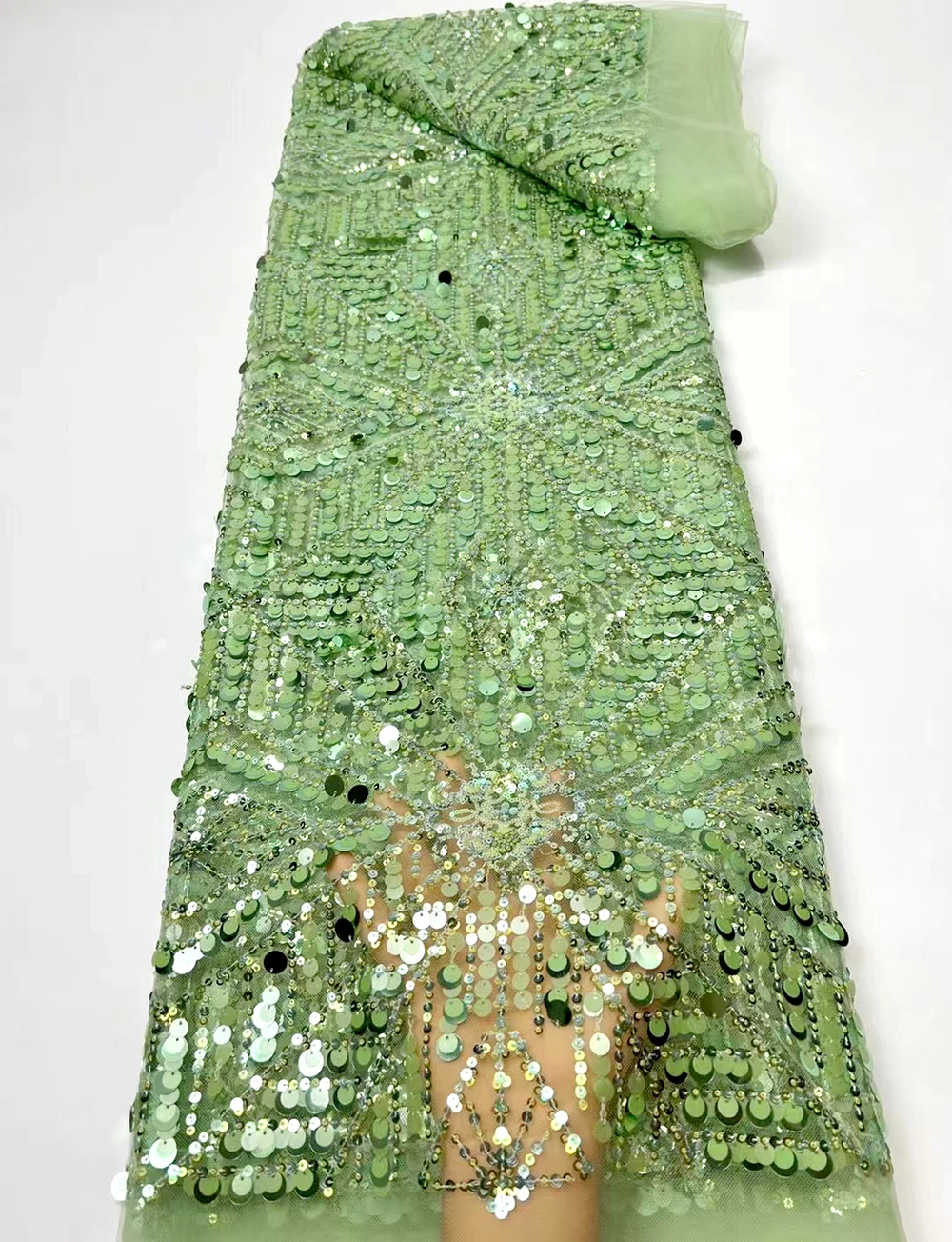 

2022 Latest Luxury African Mesh 5Yards With Bead & Sequins Tulle Lace Fabric For Party Wedding Bride Lace Fabric Dress