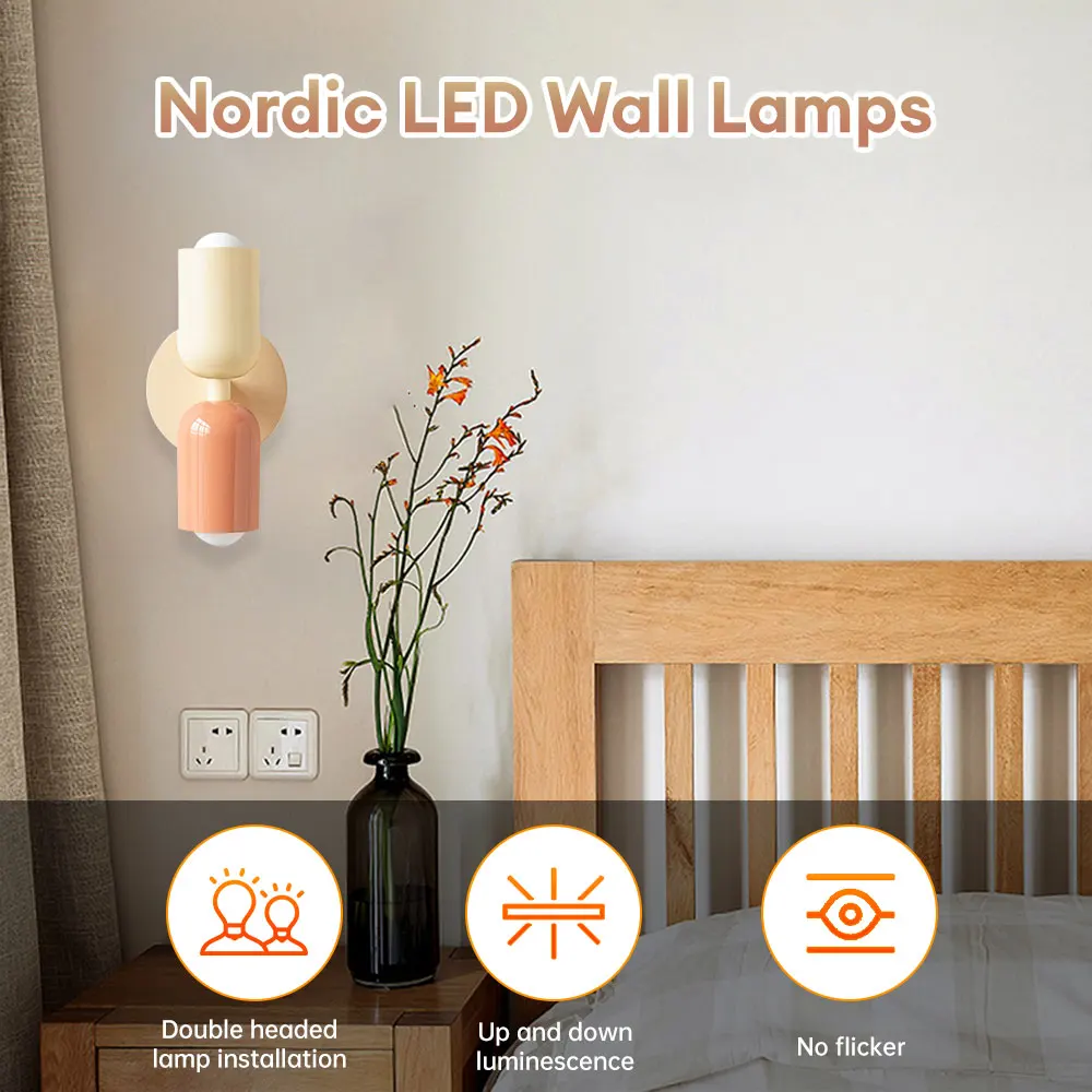 Modern LED Wall Lamp Nordic Minimalist Style Cream Wall Light Double Head Bedside Sconce for Bedroom Decoration Fixture