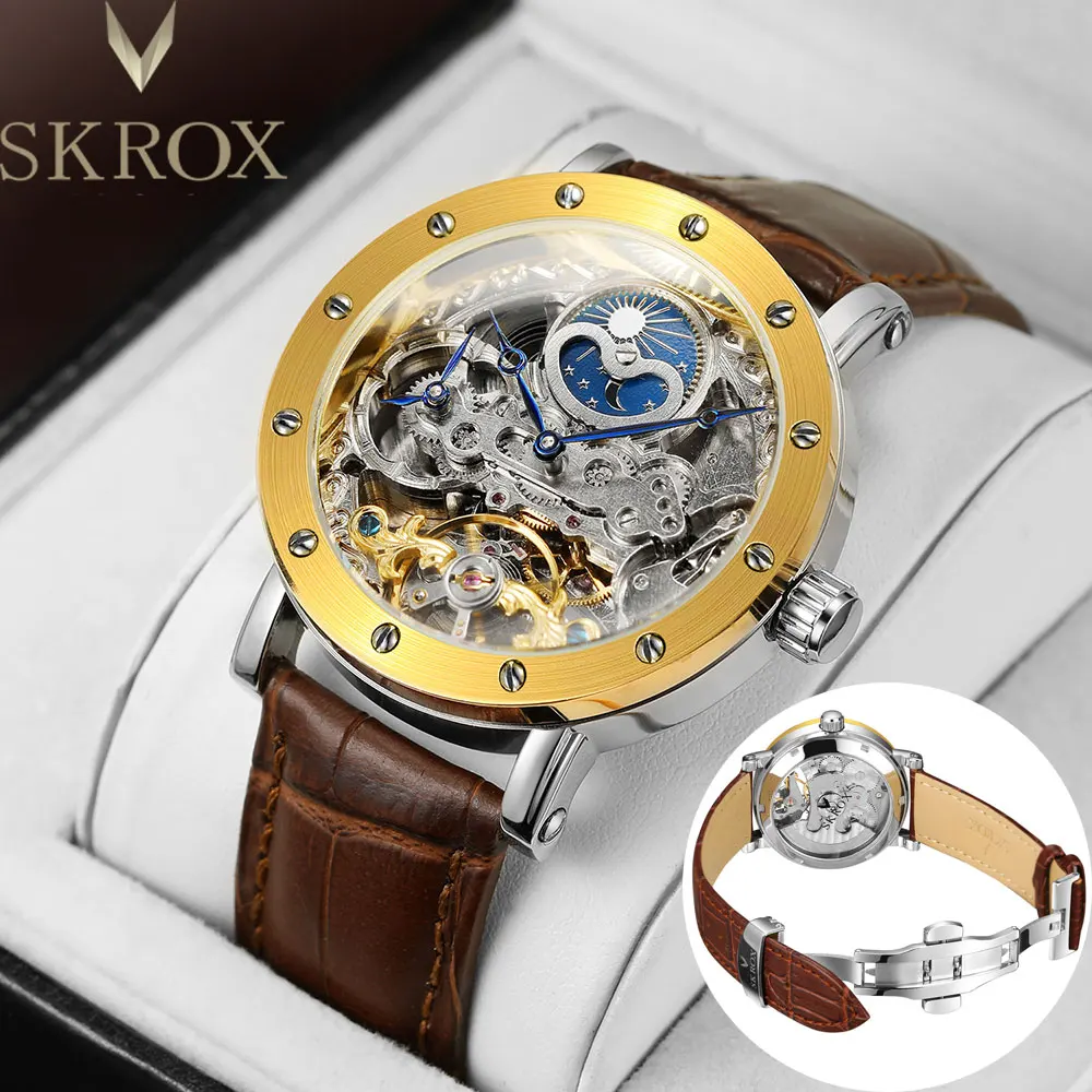 SKROX Dual Time Zone Moon Phase Automatic Clock Mechanical Genuine Leather Men's Wristwatches Original High-End Luxury Man Watch