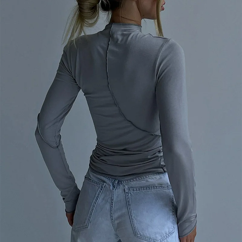 Women Long Sleeve Cropped Patchwork Turtleneck Tee