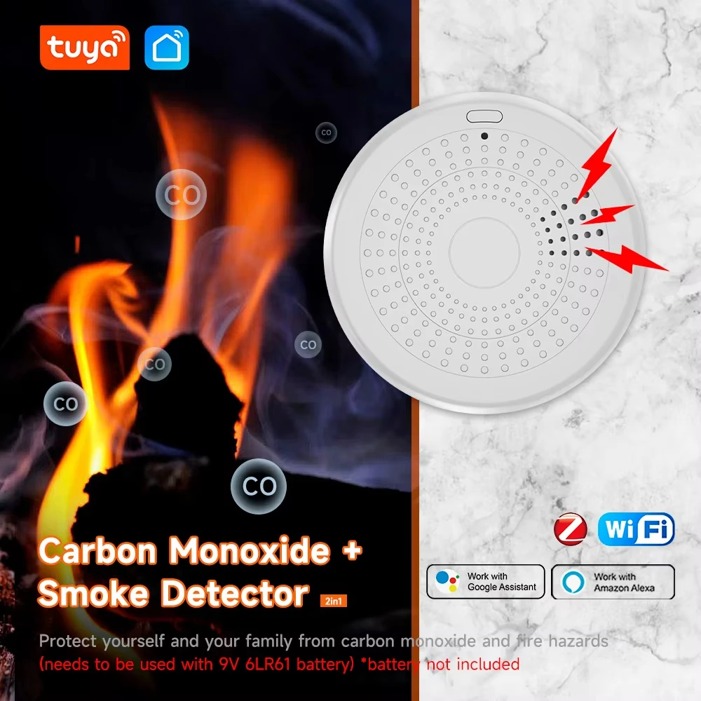 Tuya 2 in 1 Version Smoke Fire Sound Alarm Sensor Smoke Detector smoke detector & Carbon Monoxide Co Gas Detector With Smart Life WiFi Function