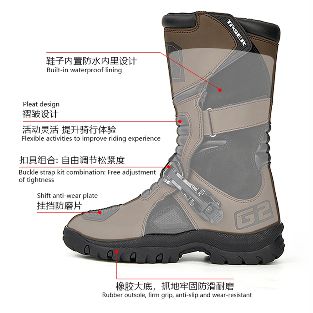 Men's Waterproof Motorcycle Boots Brown Leather Motocross Anti-slip Motorcycle Accessories