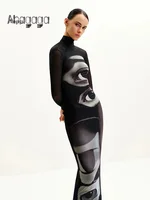 Ahagaga Fashion Women's Maxi Dresses Printed Turtleneck Regular Long Sleeves Sheath Slim Fit Eyes Causal Streetwear Vestidos