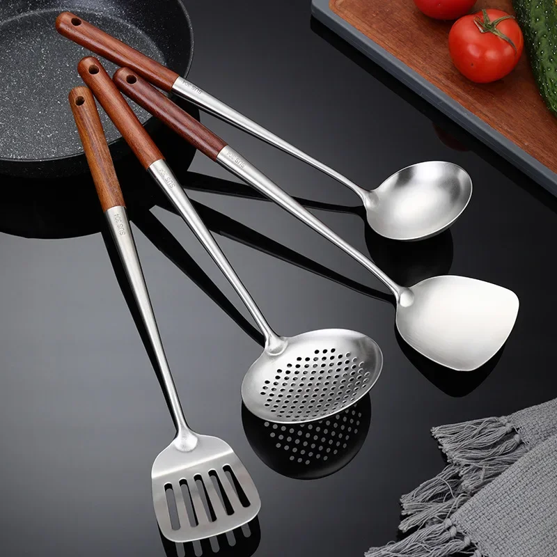 Extended 304 Stainless Steel Spatula Wooden Handle Home Kitchen Frying Cooking Utensils Spoon Leaking Spatula Cooking Tools Set