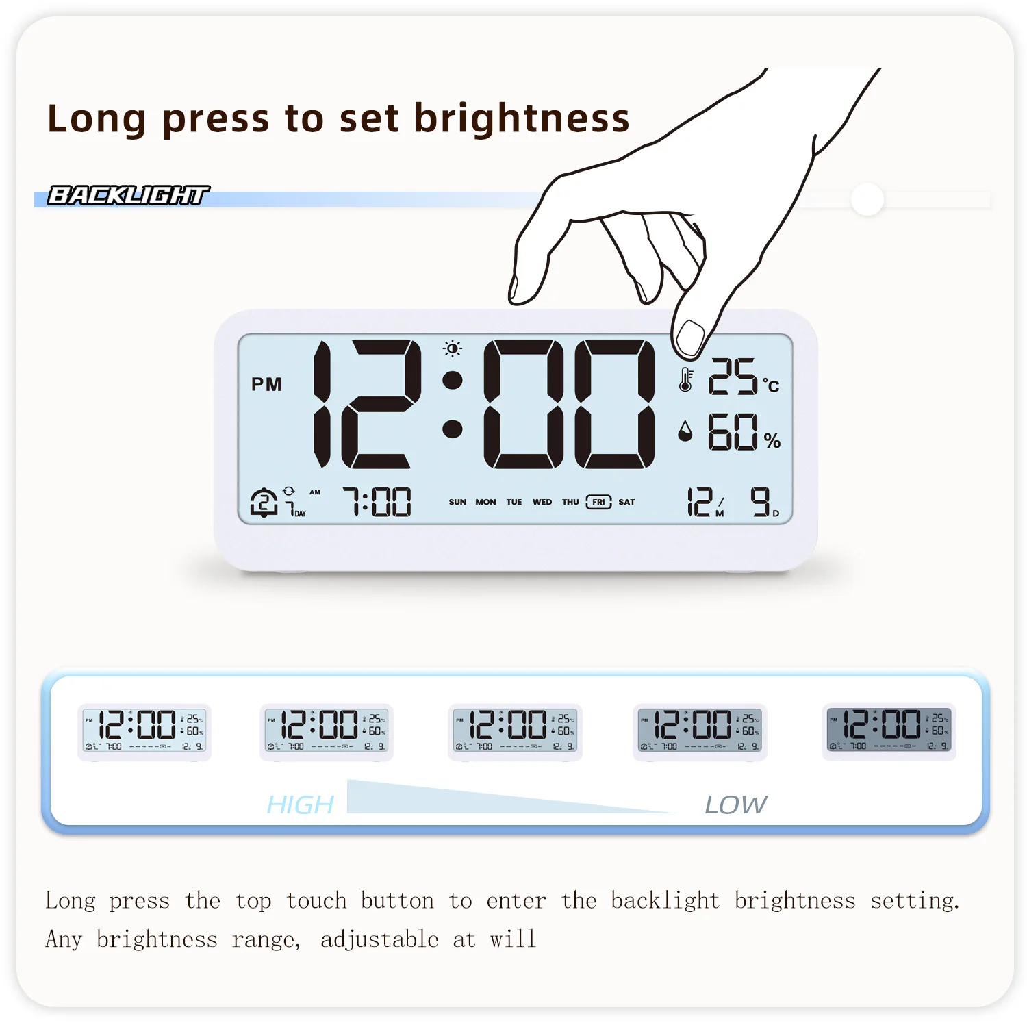 8001-EN 디지털 시계 LED 밝기 조절 가능한 온도 습도 알람 시계 표시 듀얼 알람 모드 자동 조광