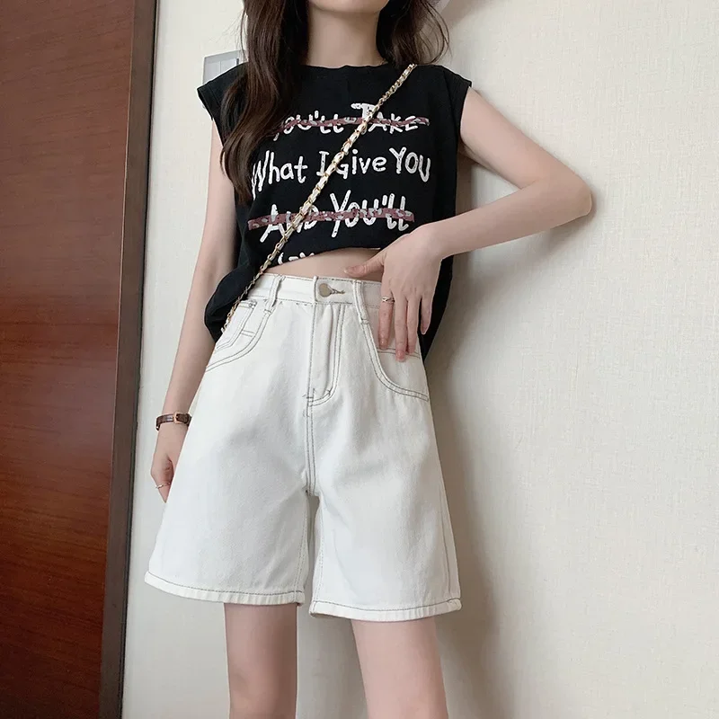 High Waist Slim A-Line Denim Shorts Summer Women Fahsion Light Blue Wide-Leg Hot Pants White Plus Size Sexy Casual Straight Jean