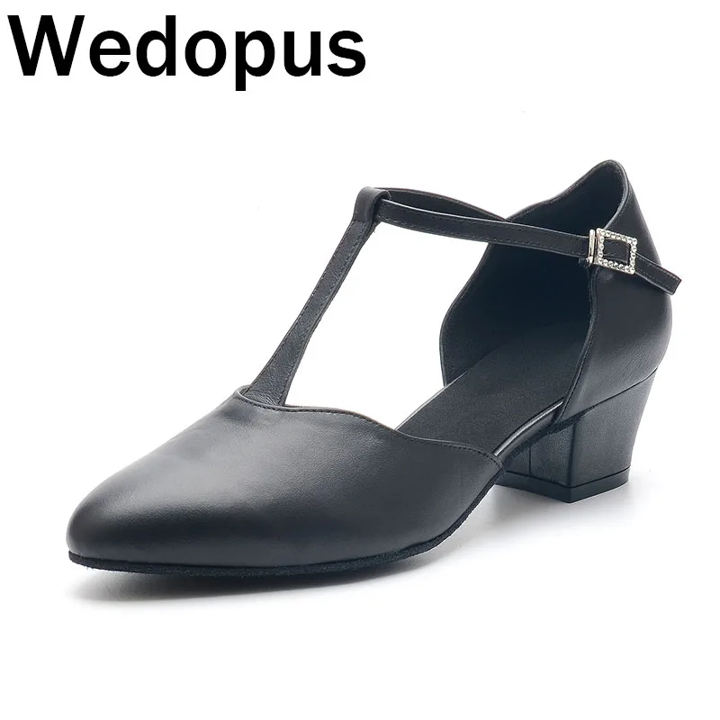 

Wedopus Suede sole Dance Shoes Black Leather Low Heel Dancing Shoes 4CM