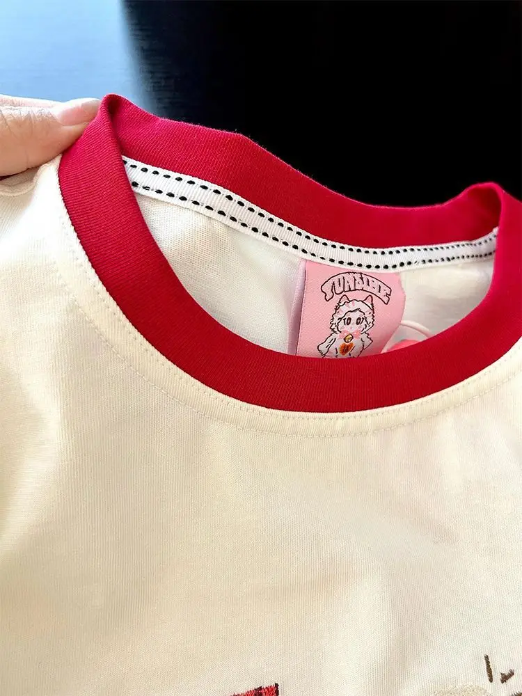 Heavy Embroidery Loose ort Sve T-irt for Women Cotton Breathable Summer Casual Top f Sve Creative Design