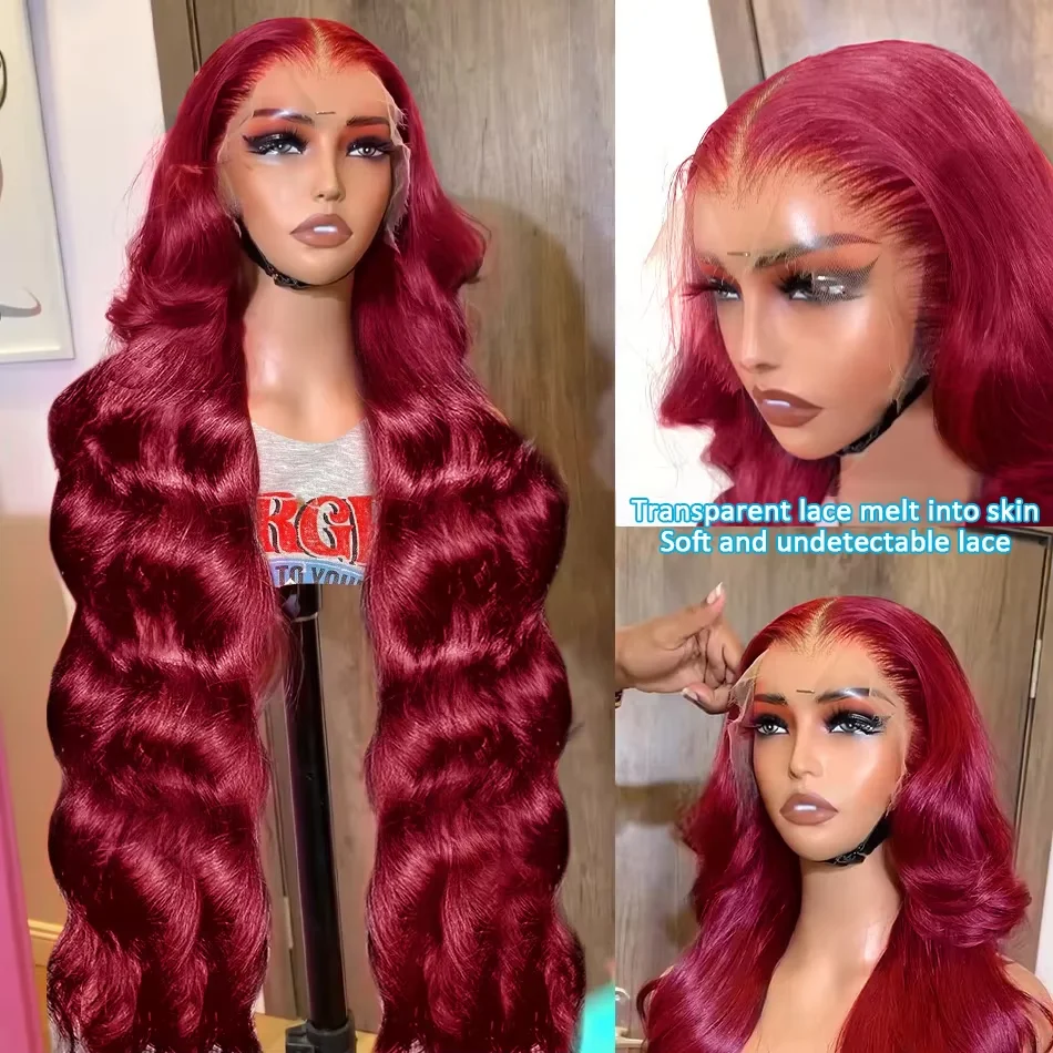 Max-lace Wigs 46 Inch 13x6 HD 99j burgundy Red Colored Wigs Lace Front Human Hair Wigs 220 Density Body Wave Brazilian For Women