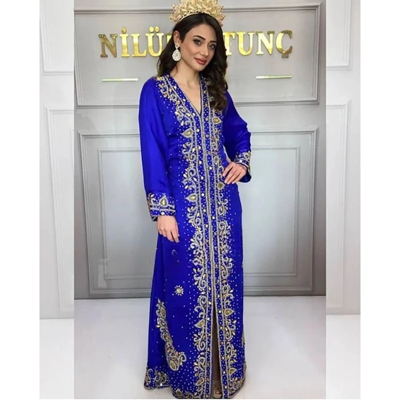 Royal Blue New Marocchino Dubai Caftani Farasha Abaya Dress Abito Lungo Molto Fantasia