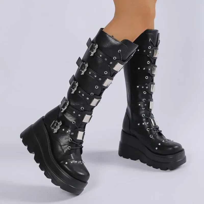 10cm High Quality Women Platform Boots Fashion Designer Belt Buckle Punk Boots for Women Casual Leather Knight Boot Botas Mujer