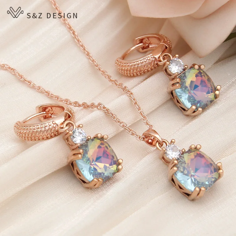 S&Z DESIGN New Fashion Classic Square Crystal Drop Earrings Jewelry Sets For Women Wedding 585 Rose Gold Color Pendant Necklace